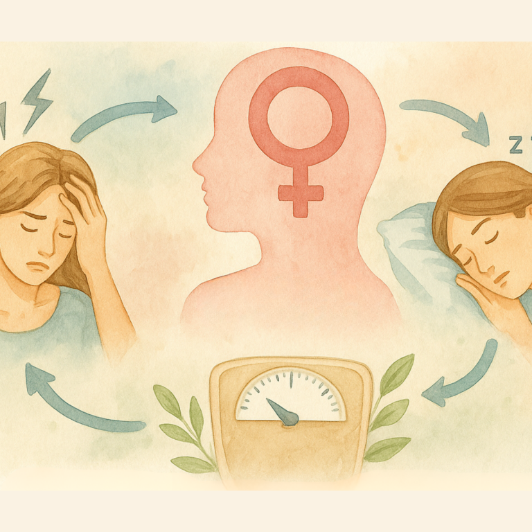 Illustration aquarelle représentant le lien entre stress, hormones et sommeil dans la prise de poids féminine, réalisée dans des tons pastel